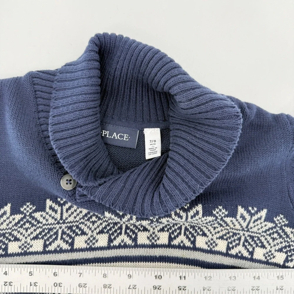 The Childrens Place Boys Navy Blue Fair Isle Snowflake Shawl Collar Sweater 7/8‎
